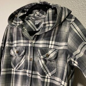 Carhartt Hooded Plaid Flannel Elbow Patch Button up Shirt Hoodie Grunge sz S